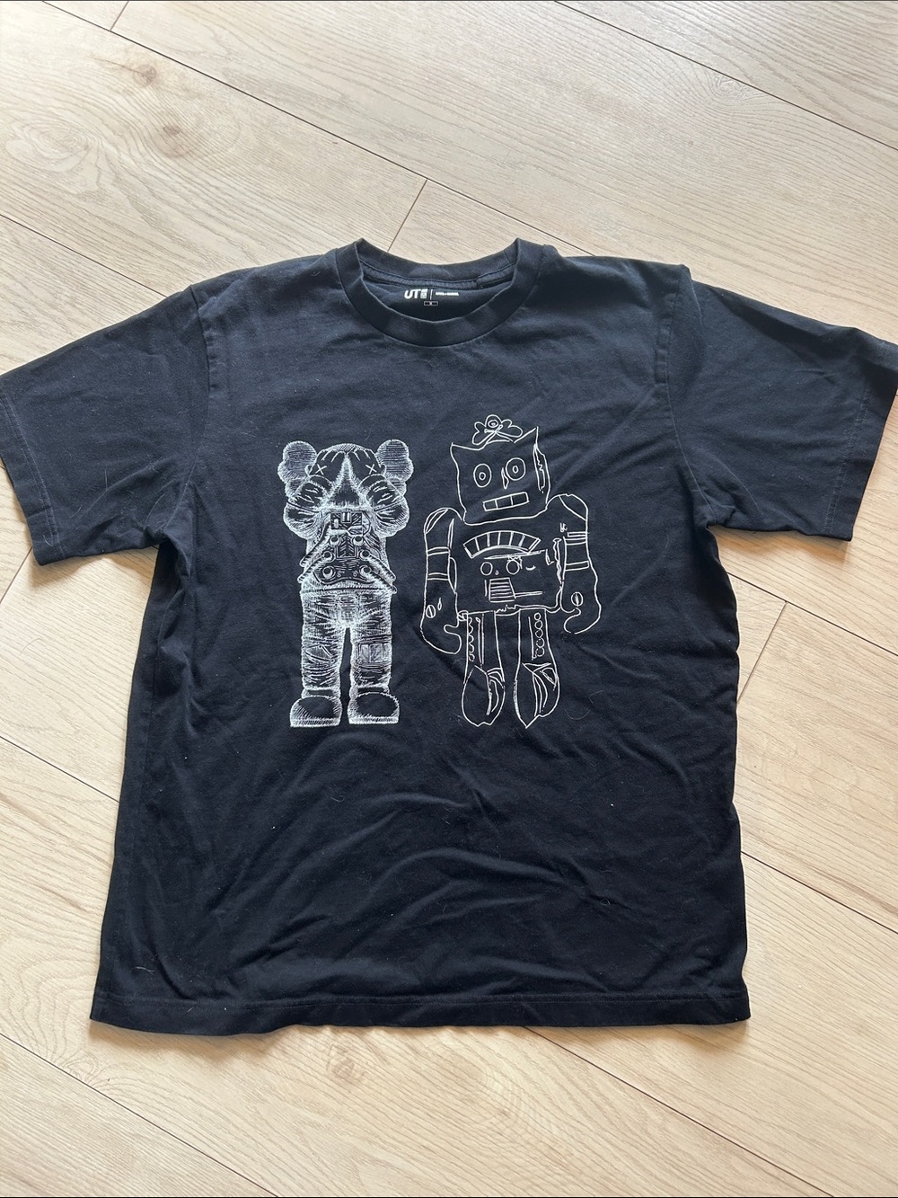 Uniqlo Black Short Sleeve Tee with White Robot & Bear Graphic